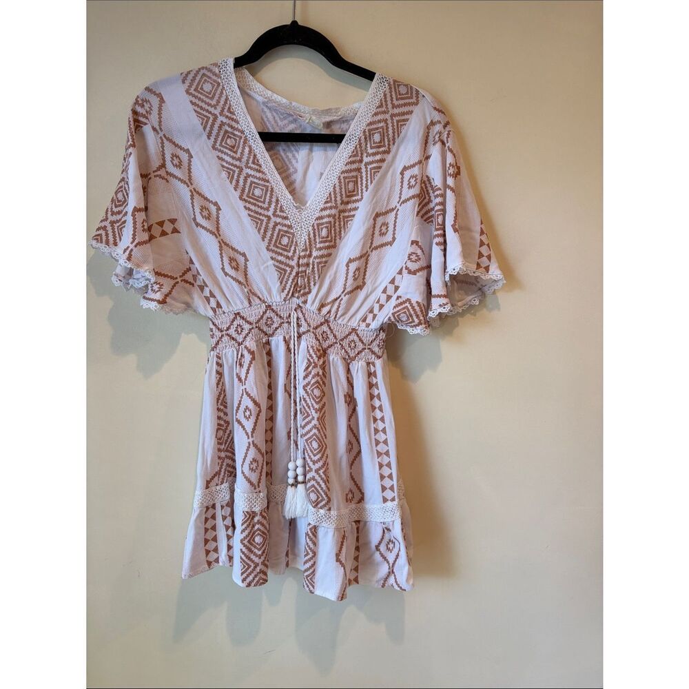 Surf Gypsy White & Tan Boho V-Neck Mini Dress